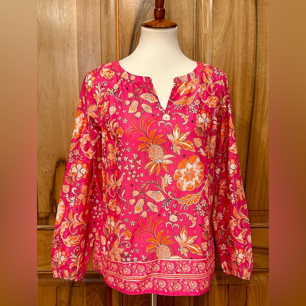Talbots Petite - Vivid Tropical Botanical Print Cotton Tunic Pink/Orange EUC, SP